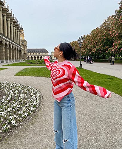 Image of Women Cute Heart Sweater Top Love Heart Printing Valentines Day Knitted Pullover Top Long Sleeve Loose Sweatshirt