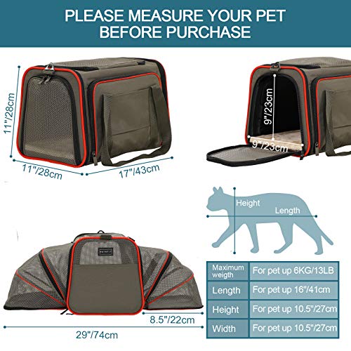 Petsfit Airline Approved Expandable Large Cat Carrier Small Dog Carrier, 17" X 11" X 11" Collapsible Portable Soft-Sided Airplane Pet Carrier Bag With Two Extension, Fit For Outdoor Use #TOP2