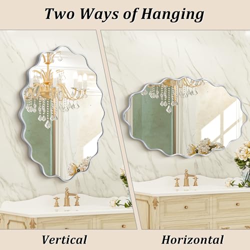 Image of Oval Wavy Wall Mirror -Irregular Wall Mirror with Silver Asymmetrical Aluminum Alloy Frame,22 inchx30 inch Decorative Wall Mirrors for Bathroom, Bedroom, Living Room, Dining Room，Entryway