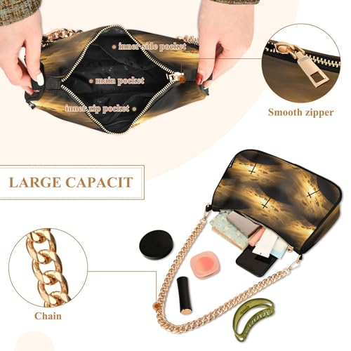 Zipper Ladies Shoulder Bag Sunset Clouds Crucifix Golden Medium Handbag Tote Artistic Womens Small Hobo Purse with Chain Strap4