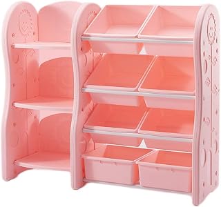 HCZKIUJY Organizador de Juguetes para niños, con estantería de 3 Niveles y 8 Compartimentos extraíbles, Estante de exhibición para Sala de Juegos (Rosa B)