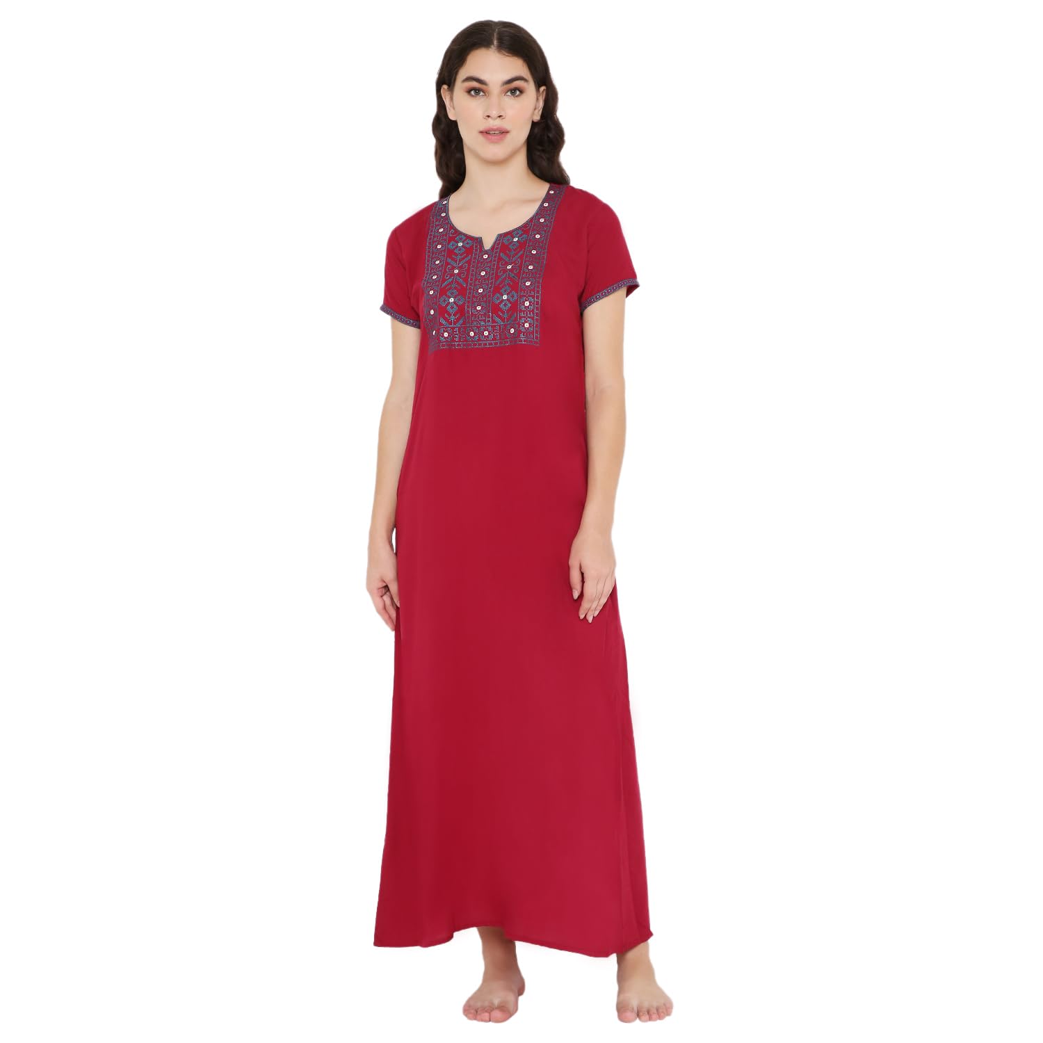 Cotton Blend Long Nighty Short Sleeves Embroidered Night Gown for Women-image-39