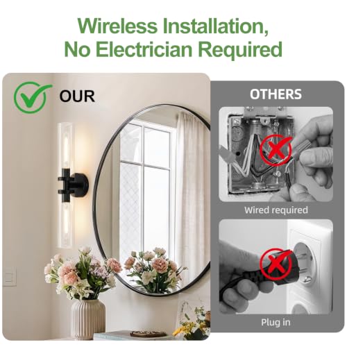 Image of Battery Operated Wall Sconces Set of Two, Matte Black Wall Light fixtures with Wireless Remote Control，Rechargeable Dimmable Wall Sconces with 3000K Bulbs for Bathroom Mirror Living Room Bedroom