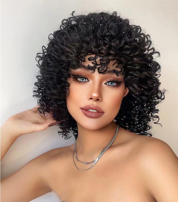 Afro Wig with Bangs Short Kinky Curly Wigs for Black Women Natural Soft 100% Black Human Hair None Lace Front Glueless Wig (Black brown, One size)