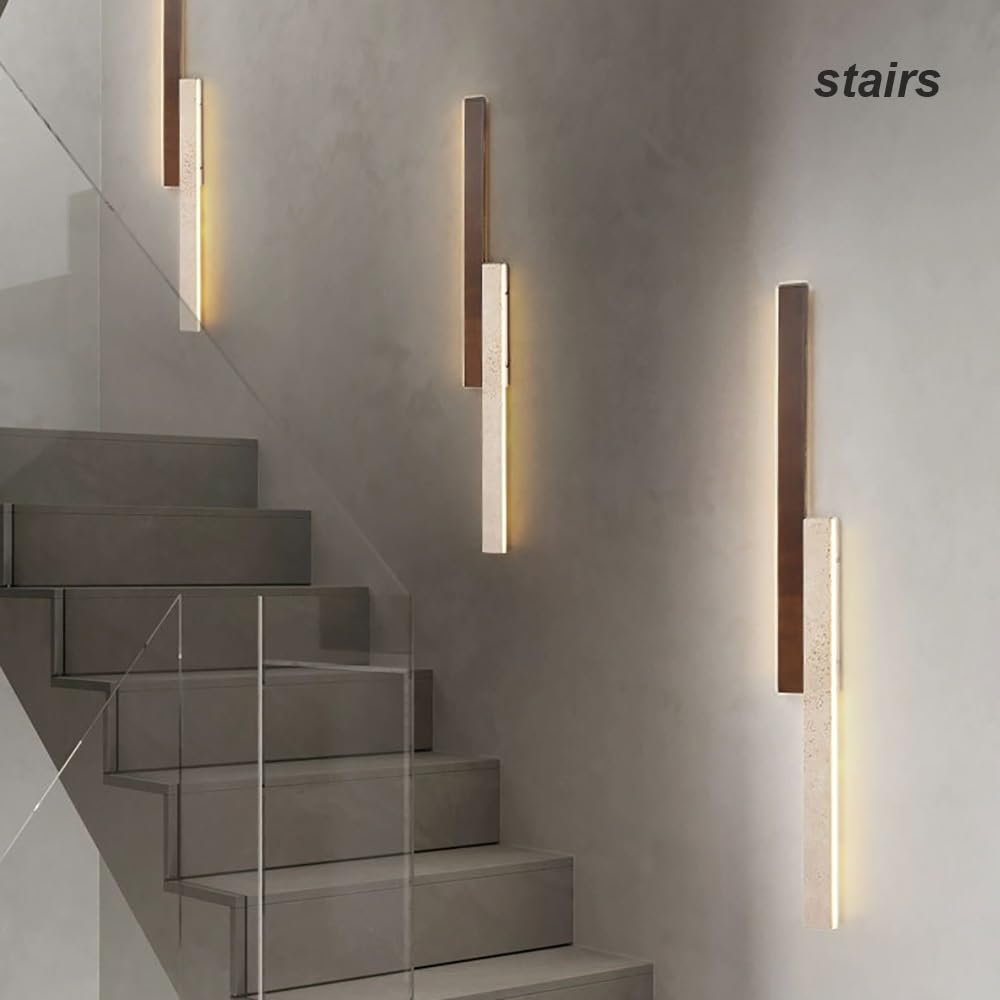 Lampy Ścienna LED z Liniowego Drewna, Długi Kinkiet z Trawertynu Oświetlenie Ścienne Minimalistyczne Rustykalne Ściemnialne do Sypialni Korytarza Salonu Schodów(60cm/23.62in)