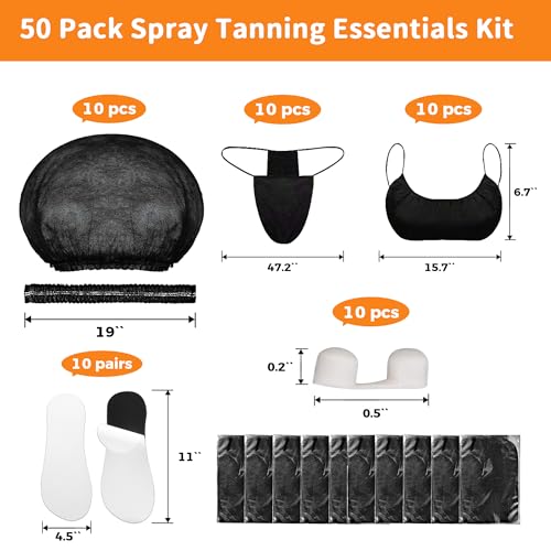 Image of 50 Pcs Tan Spray Tanning Essentials Kit: 10 Each Hair Nets, Nose Plugs, Sticky Feet Pads & Disposable Undergarments, Premium Quality Accessories for Salons, Black