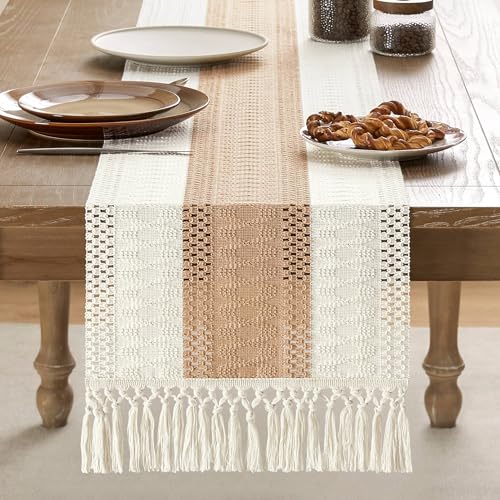 Image of ZeeMart Macrame Style Bicolor Stitching Table Runner, 14 x 48 Inch Beige /Ivory, Boho Light Tan Table Runners 48 Inches Long, Farmhouse Woven Home Decor