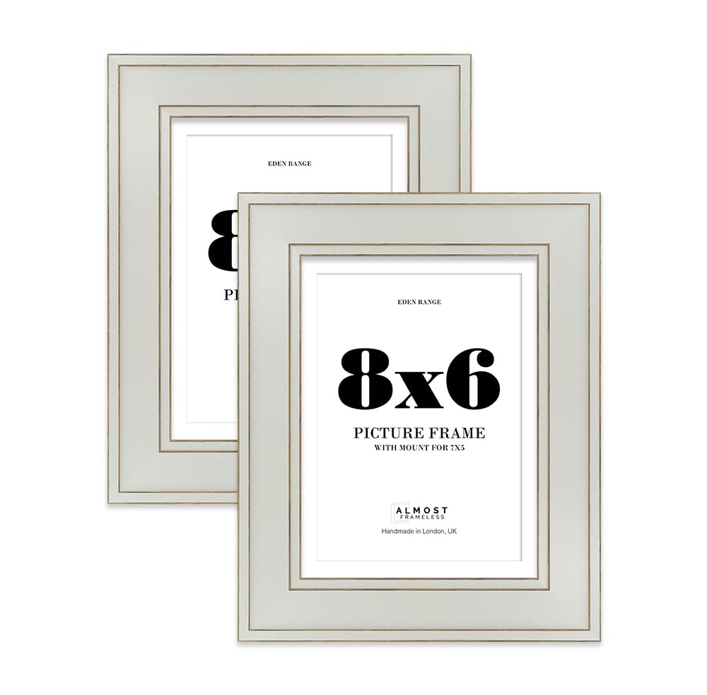 8x6" Light Grey Picture Frame with 7x5" Mount - Shabby Chic Photo Frame with Distressed Finish, Gold Trim, Wall Hooks and Kickstand, 37mm Edge - 2 Pack