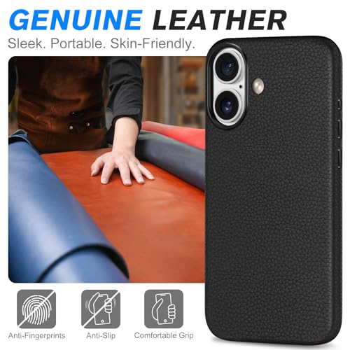 Image of SHIELDON Genuine Leather Case for iPhone 17 6.3 inch 2025, Pebbled Black | Compatible with MagSafe, Magnetic Wireless Charging, Camera Button, Metal Buttons, Camera Bezel, Slim, Shockproof, Women Men