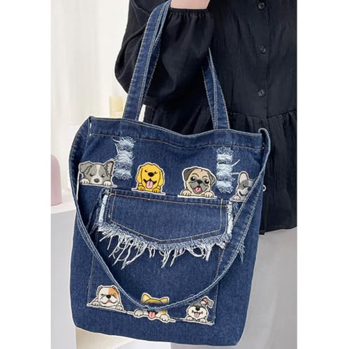 Image of Farm4Far Denim Large Distressed Cute Dog Tote Shoulder Sling Crossbody Bags