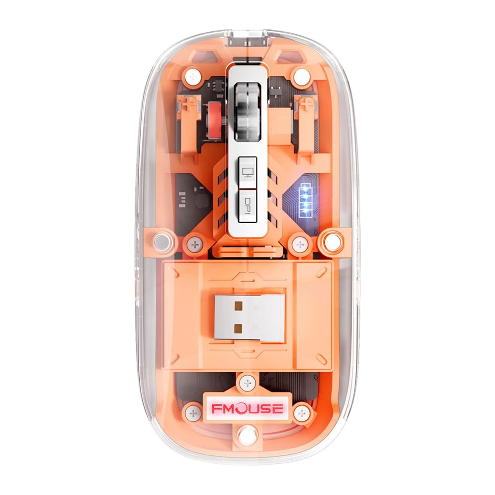 AzoneeWireless Bluetooth Mouse, Tri-Mode (BT1+BT2+2.4G) USB C Rechargeable Computer Mouse, Full Transparent Portable Silent Mouse with USB Receiver for Laptop PC Computer Macbook (Orange)
