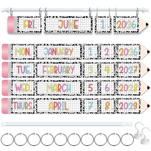 Upgraded Magnetic Pencil Flip Calendar Bulletin Board Set 54 Classroom Calendar Date Cards with Adjustable Rod Magnetic Hooks Colorful Pencil Calendar for Whiteboard Teacher Supplies Back to School Dcor