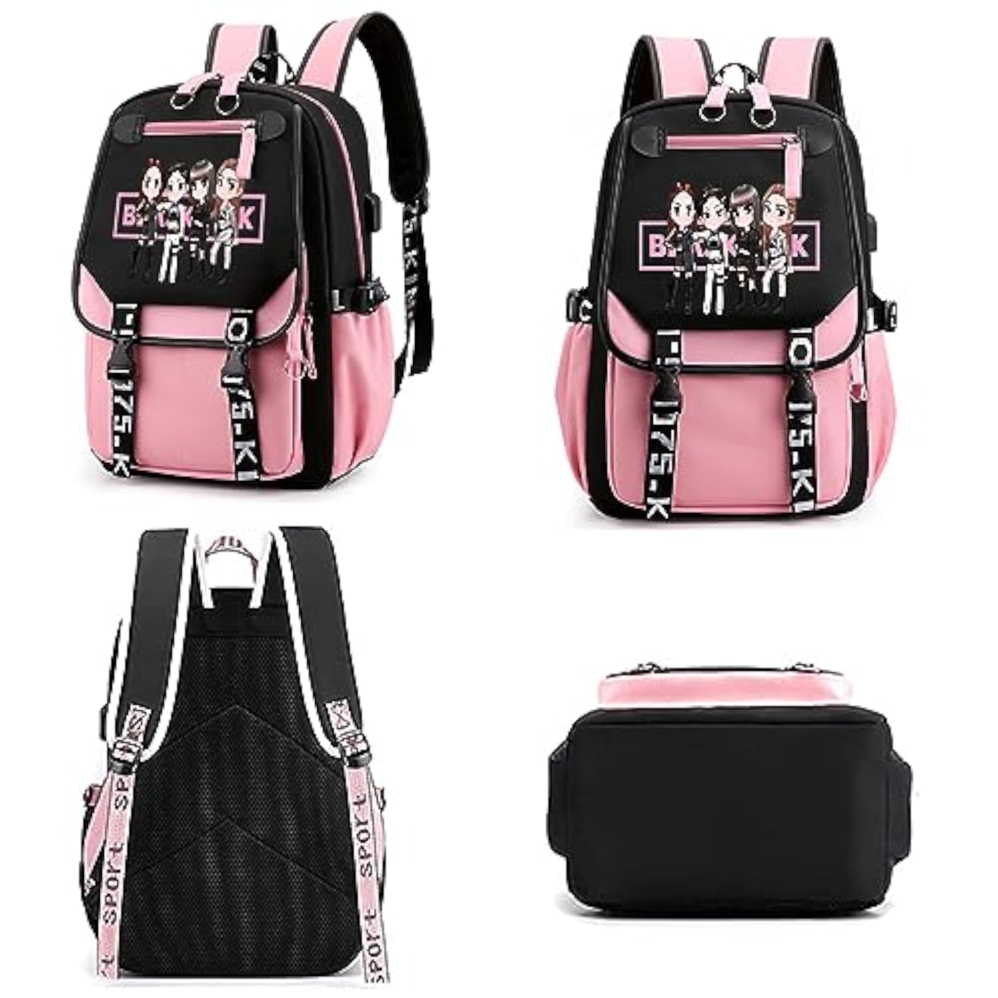 Black Pink Cute School Bag with USB Cable Jack