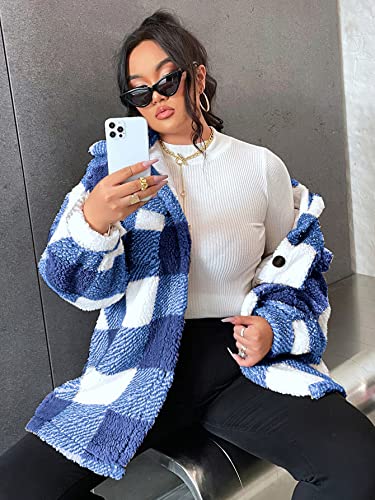 Women Plaid Jacket Faux Fur Fleece Teddy Coat with Button Front & Flap Pockets,Warm Sherpa Jacket,0XL-4XL,3 Color4