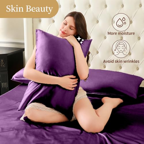 2 Pack Mulberry Silk Pillowcase for Hair and Skin Standard Size,Silk Pillowcase 20"X 26" with Hidden Soft Breathable Smooth Cooling Pillow Covers for Sleeping,Gifts for Women Men（Purple） - image 2