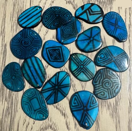 Tagua Slices Tagua Chips 20 Blue and Black Pattern Slices Mix of Blue Colors. Handpainted. Seed Beads Natural Jewelry Making Top Drilled