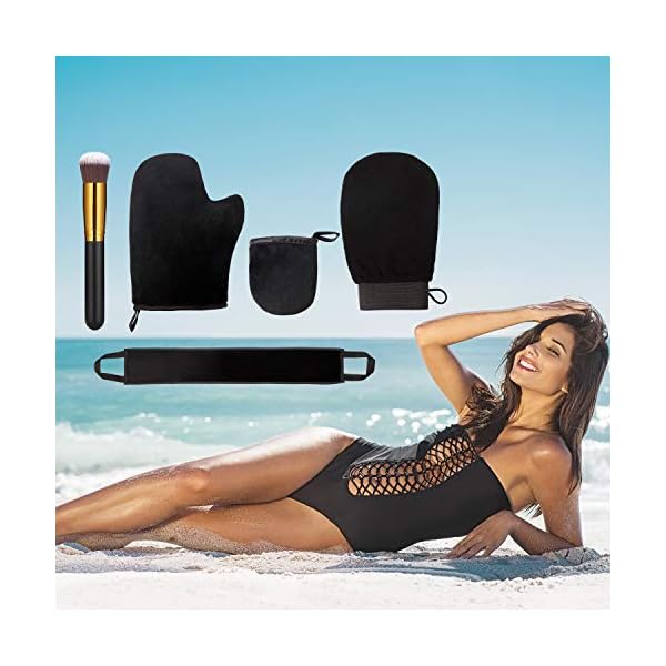 5-Pieces-Self-Tanning-Mitt-Applicator-Kit-Includes-Exfoliating-Glove-Tanning-Mitt-Mini-Face-Mitt-Back-Lotion-Applicator-with-Self-Tanner-Brush-Large-Flat-Top-Makeup-Brush-Black 5 Pieces Self Tanning Mitt Applicator Kit, Includes Exfoliating Glove, Tanning Mitt, Mini Face Mitt, Back Lotion Applicator with Self Tanner Brush Large Flat Top Makeup Brush (Black)