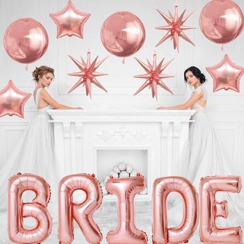 Image of Rose Gold Bride Balloons Bachelorette Party Decorations, 32in Rose Gold Giant Bride Balloons with 4D Disco Ball Balloon and Star Foil Balloon for Bridal Shower Wedding Engagement Party Supplies
