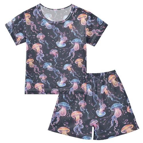ALAZA Jellyfish Dark Blue Cute Pajamas Short Sleeve 2 Piece Sleepwear Top and Bottom Pajama Set Unisex