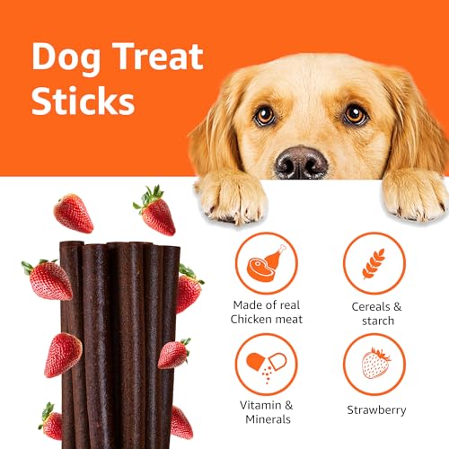 Image of Amazon Basics Dog Treat Sticks 140 gm, Chewy Meat Sticks for Adult Dogs and Puppies, High Protein Dog Treats for Training and Snacks, Made of Real Chicken Meat, Ziplock Pack, Strawberry Flavor