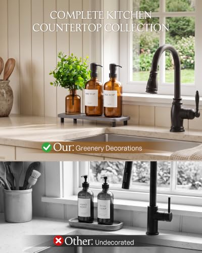 Image of Cisily Modern Soap Dispenser Set with Plants, Amber Glass Soap Dispensers with Pump, Decorative Hand and Dish Soap Dispenser Set, Soap and Lotion Dispenser Upgrade for Kitchen and Bathroom Decor