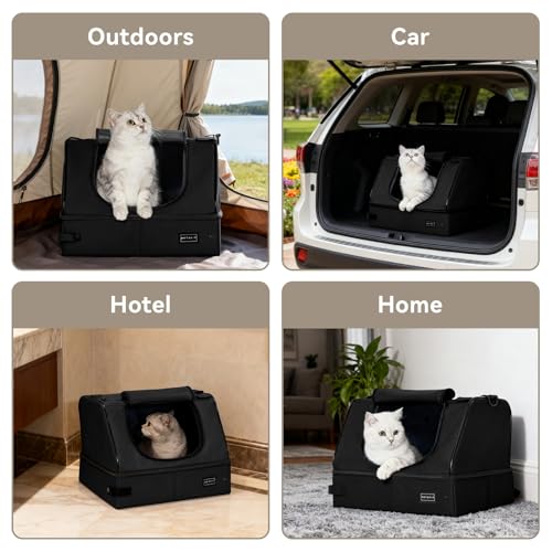 Image of PETSFIT Portable Travel Cat Litter Box - Collapsible, 2-Layer Leak-Proof Washable Liner with Sturdy Support Frame, for Hotel /Car /Camping, Cat Travel Essentials for Kitty /Medium Cats Solid Black