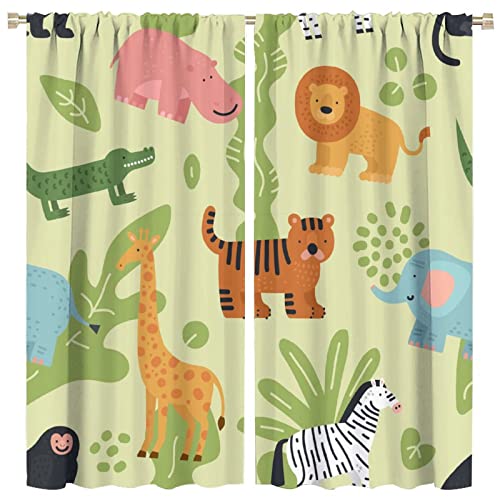 Cartoon Animals Blackout Curtains Colorful Cute Forest Safari Animals Green Kids Bedroom Nursery Living Room Decor Rod Pocket 2 Panels 42x63in