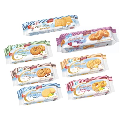 Coppenrath zuckerfreies Feingebäck 1,5 kg- Probierpaket 7 Artikel: 1 x Wiener Sandringe, 1 x Vanille Cookie, 1 x Choco Cookie, 1 x Haselnuss Ringe, 1 x Butter Cookies, 1 x Butterkeks, 1 x Grazer Ringe