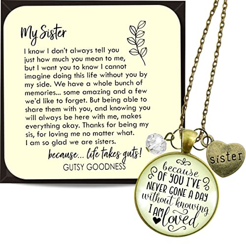 Gutsy Goodness PRNE24005631 Sister Necklace Because Of Your Love Boho Style Bronze Jewelry For Women Chain 24 Inch - Handmade Glass Inspirational Family Quote Pendant, Heart Charm, Gift Package Sisterhood Friends Message Card & Box cover