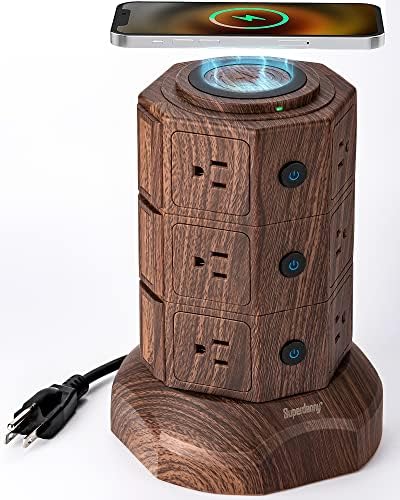 SUPERDANNY Surge Protector Tower with 10W Wireless Charger, Power Strip Tower Vertical Charging Station with 10 AC Outlets+4 USB Slots and 6.5ft Extension Cord for Home Office Garage, Deep Wood Grain