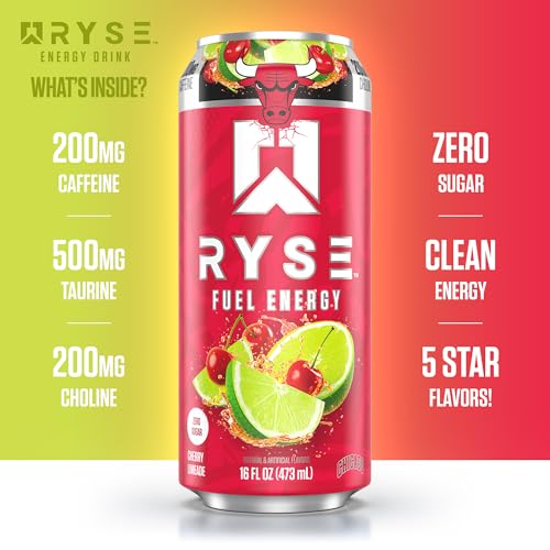 Image of RYSE Fuel Energy Drink - Chicago Bulls Cherry Limeade - Sugar Free - 200mg Natural Caffeine, New Formula to Supports Cognitive Health & Improves Focus - No Artificial Colors - 16 fl oz Cans (12-Pack)