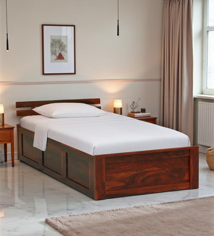 Image of Solid Sheesham Wood Nova Single Bed with Box Storage | Wooden Single Bed Cot Palang Furniture for Bedroom Living Room Home and Hotel (Provincial Teak Finish)