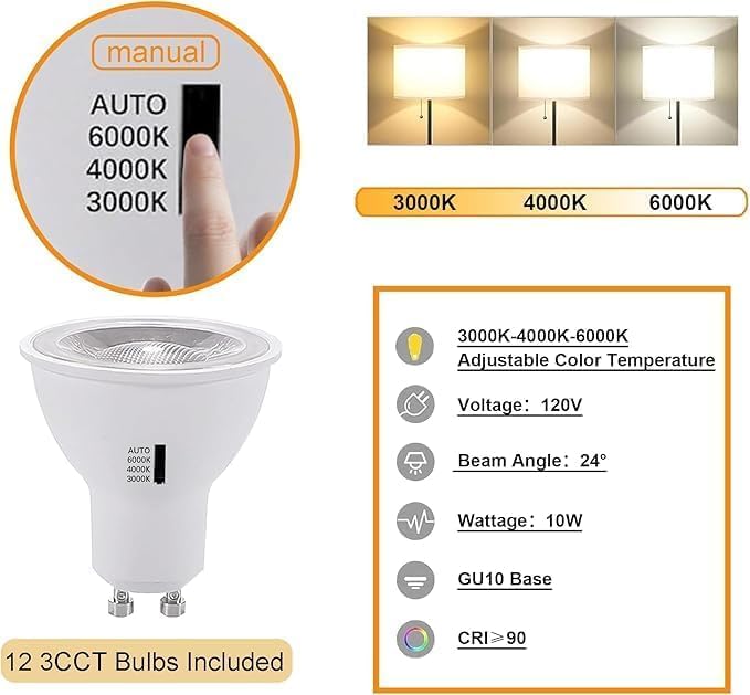 Image of GU10 LED 3CCT White Track Lighting Heads(No Track Rail) 3000K /4000K /6000K Adjustable with Dedicated Dimmer, 12PCS Ceiling Spotlight Fixture with Replaceable 10W Bulbs