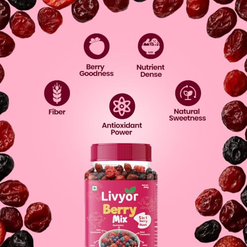 Image of Livyor 5 in 1 Berry Mix for eating - 200g | Good Source of Fibre | Dried Cranberries | Black Raisins | Cherries | Blueberries | Strawberries | Berry Blast | Berries dry fruits | Berries fresh | Pack of 1