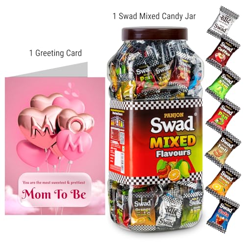 Image of Swad Mom To Be /New Mother /pregnant Gift with Card (Swad Mixed Flavours Candy 200 Jar & 1 Greeting card) 2 units