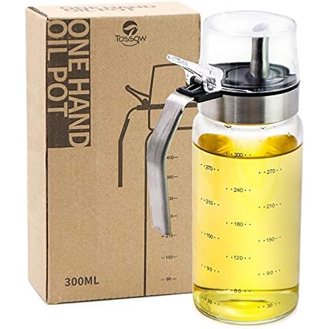 TOSSOW Glass Olive Oil Dispenser Bottle 300ML/10oz Oil Pot with Handle Auto Flip Leakproof Condiment Container with Stainless Steel Pour Spout Comfortable Grip Cover