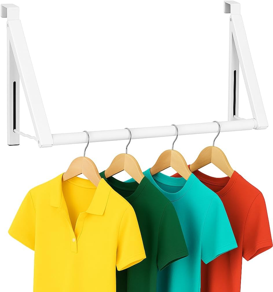 HOLDN’ STORAGE Over The Door Hanger Foldable - Over The Door Rack for Hanging Towels, Coats & Clothes - Over The Door Hanger Hooks for Bedroom, Washroom and Office. Full Set: 1 Pack White
