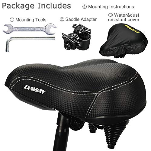 DAWAY Oversized Comfortable Bike Seat - C20 Soft Foam Padded Wide Leather Bicycle Saddle Cushion Men Women Seniors, Fit Cruiser, Spin, Exercise Bikes & Outdoor Cycling, Black