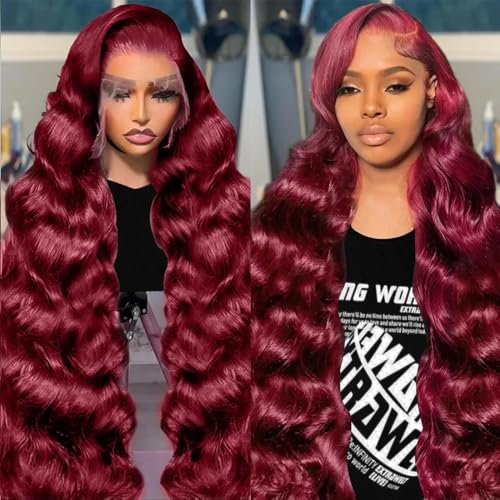 Image of JTMMP 99J Burgundy Lace Front Wigs Human Hair 13x6 Body Wave Lace Front Wigs Human Hair Pre Plucked 200% Density Glueless Wine Red Lace Frontal Wigs for Women Reddish Brown 22Inch