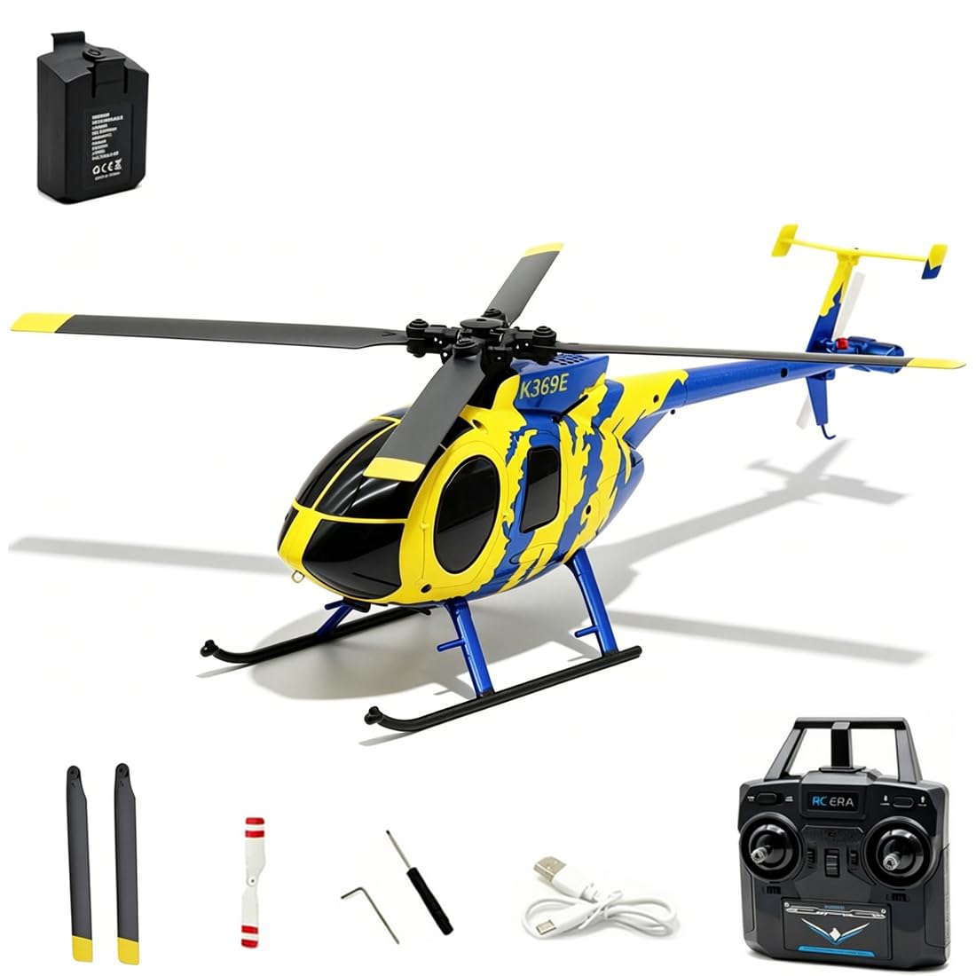 RC ERA C184 MD500 RC Helicopter, 2.4G 4CH Brushless RC Helicopter with Optical Positioning, 6-Axis Groy Military Aircraft Model for Adults - 1 Battery