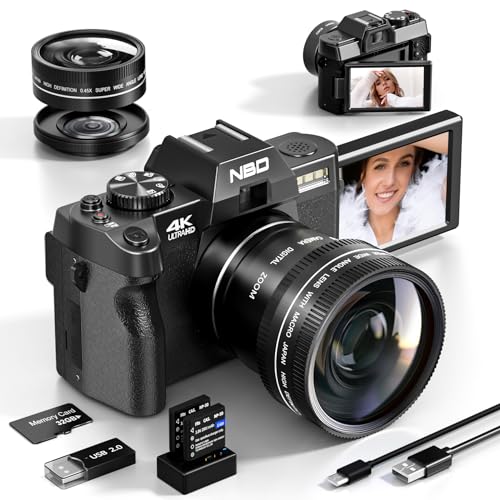 NBD 4K Digital Cameras for Photography – 48MP/60FPS Video Camera for Vlogging, WiFi & App Control, YouTube Vlogging Camera with 32GB TF Card. Wide-Angle & Macro Lens Included (Black)