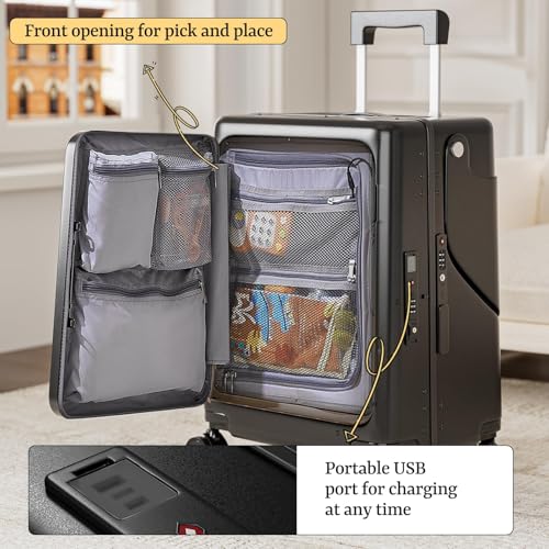 Hardshell Carry On Suitcase with Child Seat, Black Travel Luggage with Front Compartment & 4 Lockable Spinner Wheels, TSA Lock, USB Port, Luggage Cover, Safty Seatbelt (Front-Opening Black, 20 Inch)3
