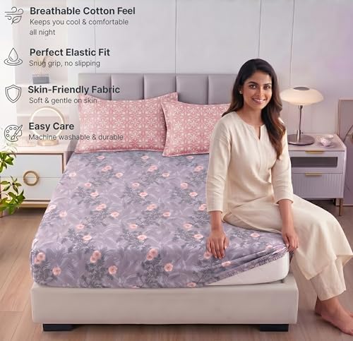 Image of HOMEKART Cotton Contrast Fitted Bedsheet for King Size Bed 72x72+10 Inch with 2 Pillow Covers 17x27 Inch | All Round Elastic | TC 144 Soft, Breathable Floral Printed Bedsheet (Lavender Mist)