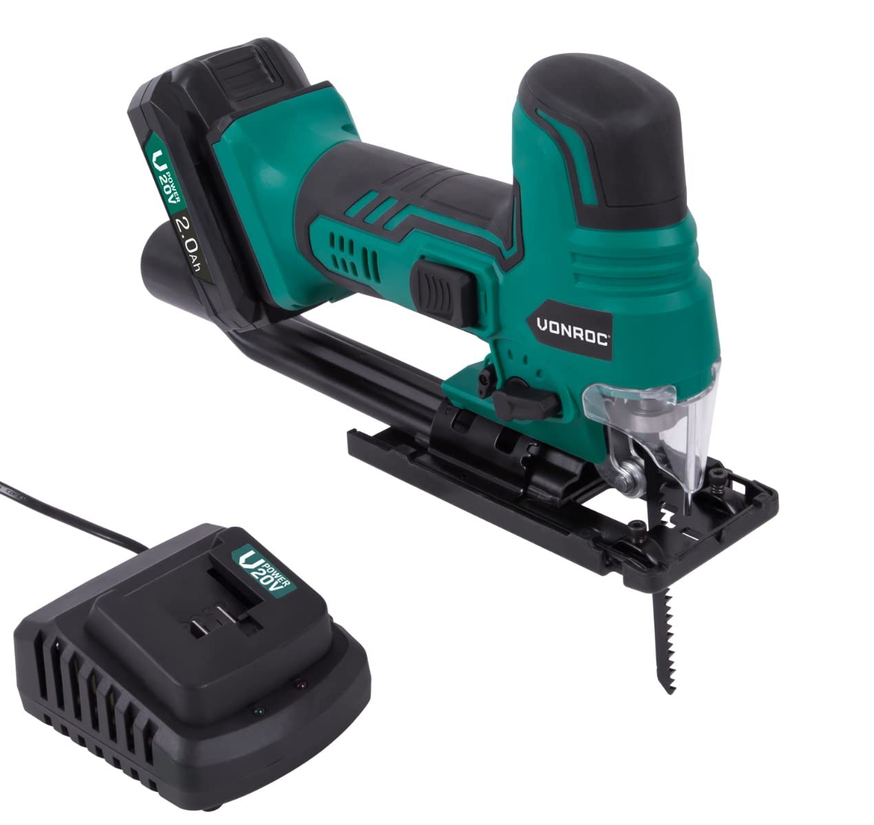 VONROC Sierra de calar VPower 20V - Empuñadura ergonómica - Velocidad y ángulo de corte ajustables - Incluye batería de 2.0Ah y cargador rápido - 2 hojas de sierra