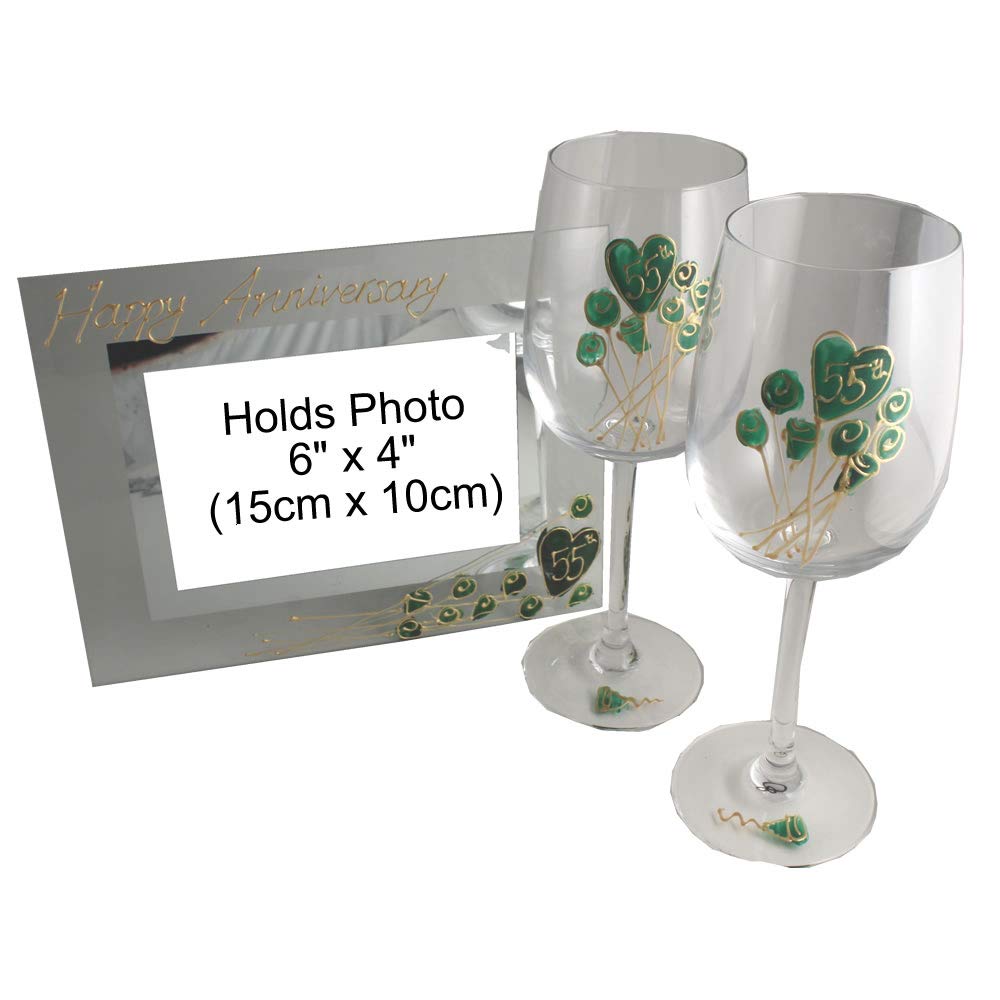 Dreamair 55th Emerald Wedding Anniversary Wine Glasses and Photo Frame Gift Set