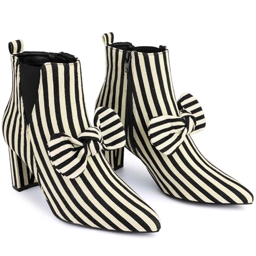 Perphy Bow Stripe Pointed Toe Chunky Heels Ankle Boots for Women