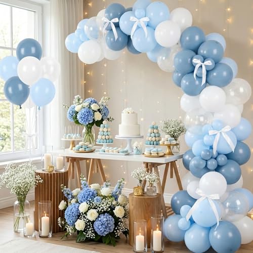 Image of RUBFAC Dusty Blue and White Balloons, Party Balloons for Birthday Baby Blue Clear Balloon 12 Inch, Wedding Baby Shower Gender Reveal Decorations, 65pcs