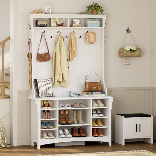 IRONCK 80″ H 47″ W Large Hall Tree with Bench and Shoe Storage, 6-in-1 Entryway Bench with Coat Rack, Adjustable Shelf, Hanging Hooks, 11 Shoe Cubby, 2 Tier Top Storage for Entryway and Bedroom, White