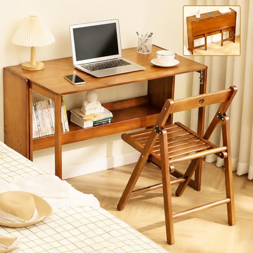 Bamboo Foldable Desk, 41" Folding Bamboo Desk for Small Spaces, Mid Century Small Computer Desks with Bookshelf, Wooden Desks for Home Bedroom Study Office, Brown