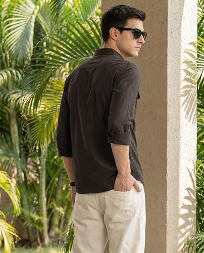 Image of IndoPrimo Men's Cotton Shirt with Stylish Flap Pockets Full Sleeves Spread Collared Neck Solid Pattern Western Style Classic Fit and Standard Length